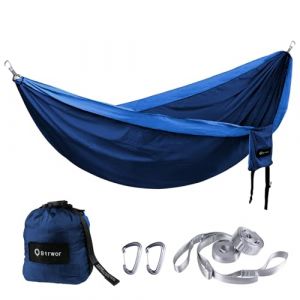 BTRWOR Hamac d'extérieur pour 2 Personnes | Charge maximale de 300 kg | Hamac 2 Places avec Set de Fixation | Ultra-léger Nylon Camping Hamac de Voyage | 290x170cm(Bleu Marine)