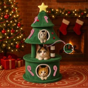 Arbre à chat 144 cm design sapin. Griffoir à niveaux avec maisonnette, plateformes et balles. Structure stable, couleur verte.