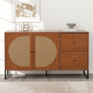 Buffet, commode, armoire polyvalente, avec 2 portes en rotin + 2 tiroirs + poignées en métal, salon et bureau, naturel foncé