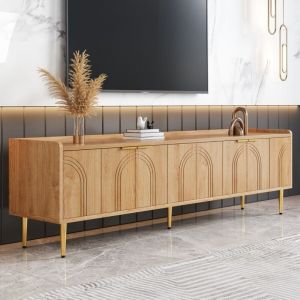 Meuble TV avec rangement, 4 portes meuble bas pour salon et chambre, pieds en m&eacute;tal- Motifs &agrave; lignes courbes, 170x35x47,5 cm, MDF, Naturelle