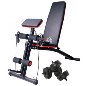 Homcom Banc de musculation + ensemble d'haltères courtes - Acier - 160x54x106cm - noir, rouge