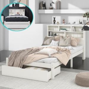 Lit 90x200cm avec sommier à lattes, tête de lit bibliothèque, tiroirs sur roulettes, Lit simple pour adolescents et adultes, Blanc