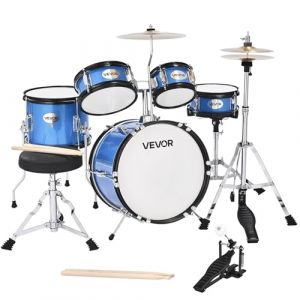 VEVOR Batterie Enfant, 5 PCS, Batterie D&eacute;butants, Grosse Caisse 35,56 cm avec Tom-tom, Caisse Claire 20,32 cm Tom Basse 25,4 cm, Si&egrave;ge, Baguettes, Kit Apprentissage Musical pour Enfants 6-13 ans, Bleu