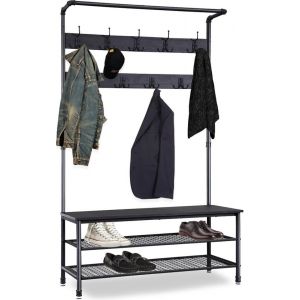 Porte-manteau Vestiaire XL Goliving - Porte-chaussures - Meuble d’Entrée - Métal/Bois - Style Industriel - 100 x 41,5 x 182 cm - Noir