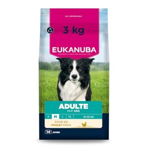 Eukanuba Life Care Croquettes Chien Adulte Moyenne Race 1 à 7 Ans, Riche en Poulet Frais, Maintient d’Un Poids Optimal, L-Carnitine, Oméga 3&6, FOS, sans colorants, arômes artificiels ni OGM – 3 kg