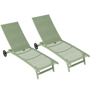 Outsunny Lot de 2 bains de soleil transat chaise longue - inclinable en aluminium et textil&egrave;ne avec roulettes - vert fonc&eacute;