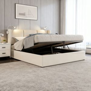 Lit 160x200 cm, NEXU, lit coffre avec sommier &agrave; lattes, cadre de lit adulte avec Lampe de lecture, tissu en lin, 160x200 cm, beige