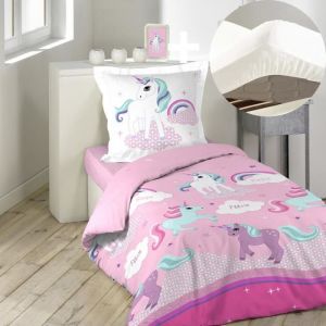 Image de Pack parure de couette enfant 140x200 cm Licorne + drap housse 90x190 Blanc