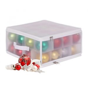 Relaxdays Bo&icirc;te de Rangement pour Boules de No&euml;l 32 pi&egrave;ces HxLxP 18&times;36&times;36 cm Plastique/Carton Transparent/Blanc