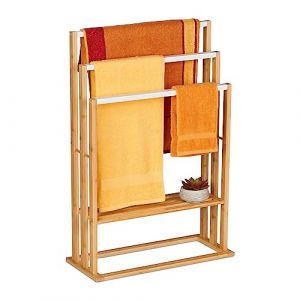 Image de Relaxdays Porte-Serviettes, en Bambou, 3 Barres, &eacute;tag&egrave;re, H x L x P : 82 x 55 x 24 cm, Salle de Bain, Nature et Blanc