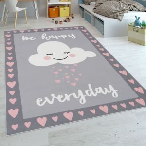 Tapis Pour Enfants, Tissage Plat Pour Chambre d'Enfant, Motif Dicton Et Nuage, Gris Rose 120x160 cm - Paco Home