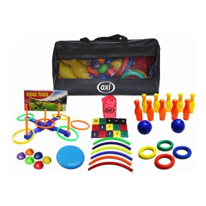 Axi Kids Activity Bag | Sac D'activit&eacute;s Educatives Pour Enfants - Lancer D'anneaux - Bowling - Frisbee - Hula Hoop - Chutes De Balles - Jeu De Quilles - A Partir De 2 Ans