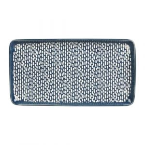 Plat Gr&egrave;s Forme rectangulaire Gamme SUIVEZ L'ARTISTE L 25.5 cm l 13.5 cm H 2 cm Coloris Bleu D&eacute;cor Pois