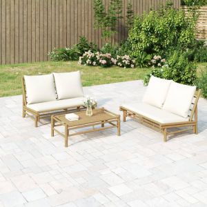 VidaXL Salon de jardin 2 pcs avec coussins blanc cr&egrave;me bambou - Cr&egrave;me