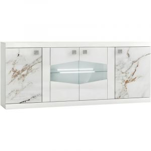 Buffet 4 portes avec leds et portes centrales vitr&eacute;es laqu&eacute; blanc et imitation marbre - ETOLIS