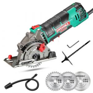 HYCHIKA 500W Mini Scie Circulaire, 4500RPM, Profondeur de coupe: 0-25mm, Moteur en Cuivre Pur, 3 Lames pour les coupes de bois, de métal mou, de carreaux et de plastique