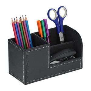 Relaxdays Organiseur Bureau, Porte-Crayon 3 Compartiments, Similicuir, HxLxP : 11x20x9,5 cm, Rangement, Noir