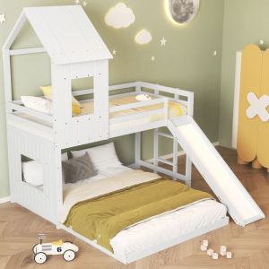 Lit superposé lit cabane enfant 90 x 200 cm et 140 x 200 cm avec toboggan, barrière antichute, fenêtre et toit, blanc