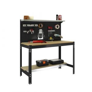 Simon Rack SimonRack Etabli d’Atelier, Capacité de Charge 400 kg, 1445x910x610 mm, Panneau Perforé avec 1 Étagère, Table de Travail Bricolage, Anthracite/Bois - BT3