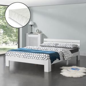 Cadre de Lit Design Nivala avec Matelas à Mousse à Froid Capacité de Charge 200 kg Lit Double Pin 160 x 200 cm Blanc