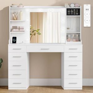 Coiffeuse avec éclairage LED Réglable,Miroir,Multiprise,11 Tiroir
