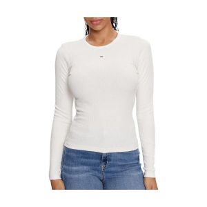 Tommy Hilfiger Tommy Jeans T-Shirt Manches Longues Femme Slim Fit Essential en Coton, Blanc (Ecru), S