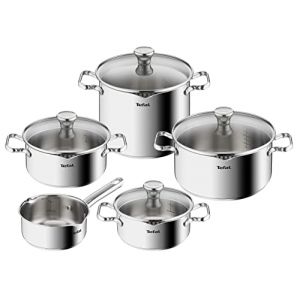 Tefal Batterie de cuisine 9 pi&egrave;ces inox, Induction, Casserole 16 cm, Faitouts 18/20/24 cm, Pastapot 22 cm, Couvercles en verre filtrants, Inox garanti 10 ans, Base 3 couches, Duetto A705S936