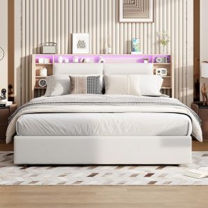 Lit coffre 140 x 200 avec sommier,lit 2 personnes avec LED et design de rangement multiple,lit 140x200 avec sommier à lattes en bois,lit rembourré