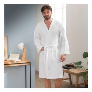 Blanc Cerise Peignoir homme col kimono en coton BIO, ESPRIT NID D'ABEILLE BIO Blanc - Couleur Blanc - Taille XL