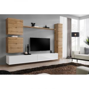 Meuble TV Mural Design " VIII" 280cm Naturel & Blanc