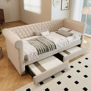 Lit enfant capitonné canapé-lit 90 x 200 cm avec 2 tiroirs et sommier à lattes en bois, lin, beige, sans matelas