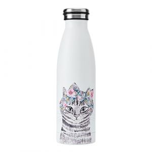Mikasa x Tipperleyhill Bouteille en acier inoxydable &agrave; double paroi, 500ml Bouteille &agrave; boissons isol&eacute;e sous vide pour conserver les boissons froides et chaudes avec impression de chat