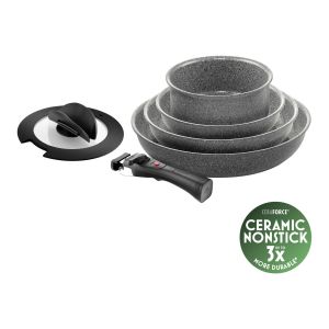 Ballarini Torre Lot de 6 po&ecirc;les et casseroles avec rev&ecirc;tement en c&eacute;ramique Compatible induction Poign&eacute;e amovible Couvercle avec poign&eacute;es rabattables Aluminium Gris
