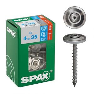 Spax 4587000450357 Lot de 60 vis &eacute;tanches 4,5 x 35 mm, filetage complet, t&ecirc;te frais&eacute;e bomb&eacute;e, T-STAR plus T20, 4CUT, en acier inoxydable A2, disque d'&eacute;tanch&eacute;it&eacute; 15 mm