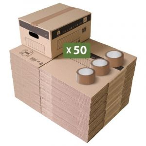 Pack and Move - Lot 50 cartons d&eacute;m&eacute;nagement stockage S - 36 x 28x 18 cm - Poign&eacute;es renforc&eacute;es - 1 adh&eacute;sif offert