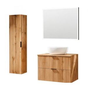 Ensemble de salle de bain NOXERA 80 cm &ndash; Ch&ecirc;ne wotan &ndash; Meuble sous vasque avec vasque, miroir LED et colonne suspendue