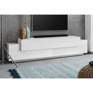 Meuble TV effet bois blanc brillant 218x45h52 cm