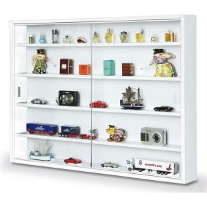 Pegane Vitrine murale pour miniatures en panneaux de particules coloris blanc, L80 x P9,5 x H60 cm