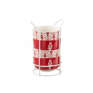 J-Line Lot de 4 tasses avec support en céramique rouge 11.2*11.2*6.2 cm