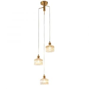 Kosilum Suspension triple vintage laiton verres ambr&eacute;s stri&eacute;s - Aur&eacute;line