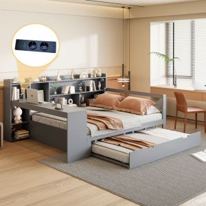 Canapé-lit 140×200 cm, avec table intégrée, prise électrique, lit gigogne, bois, gris