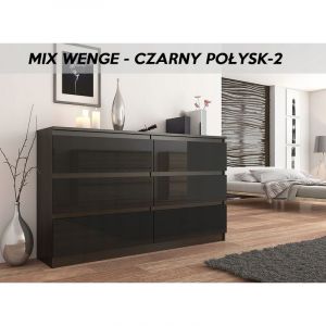 Image de Hucoco MUNICH 2W Commode contemporaine chambre salon bureau 140x77x30 Dressing 6 tiroirs Meuble de rangement scandinave Wenge/Noir Laqué