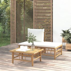 VidaXL Salon de jardin 3 pcs avec coussins blanc cr&egrave;me bambou - Cr&egrave;me