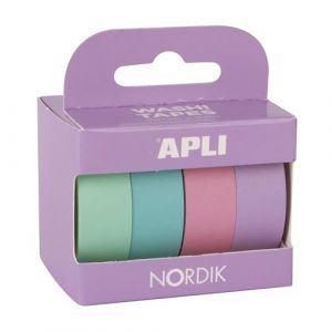 APLI 18816 - Pack de rubans adhésifs décoratifs - Rouleaux de papier adhésif japonais type Washi Tape - Couleurs pastel - 4 rouleaux - Rubans de 15 mm x 15 m - Artisanat/Scrapbooking