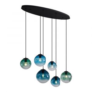 Qazqa Suspension Art déco noire avec verre bleu 6 lumières - Douglass