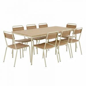 Oviala Ensemble table de jardin en m&eacute;tal et bois et 8 chaises cr&egrave;me