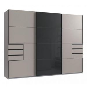 Wimex Armoire 3 portes coulissantes 6 tiroirs TILBURG 270 cm gris Sahara verre noir et graphite