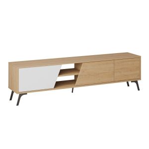 Calicosy Meuble TV 3 portes et 2 niches décor chêne et blanc - L180 cm