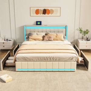 Fortuna Lai - Lit double led 140x190cm avec 4 tiroirs, et sommier à lattes et tête de lit avec port de usb/c, sans matelas, tissu en lin, beige