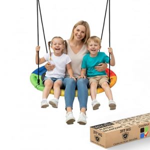 SereneLife 40" Balancoire Saucer Ext&eacute;rieure - Ensemble de Balancoire Rond Suspendu avec Kit de Suspension, Si&egrave;ge Pivotant avec Oreiller et Sac de Transport, R&eacute;sistante aux Intemp&eacute;ries, R&eacute;sistante